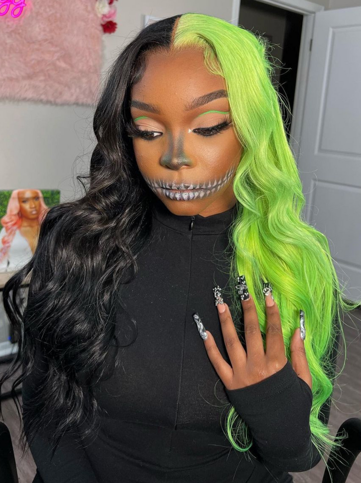 Dorsanee Half Black Half Green Halloween 13x4 Lace Front Straight Body Wave Human Hair Wigs