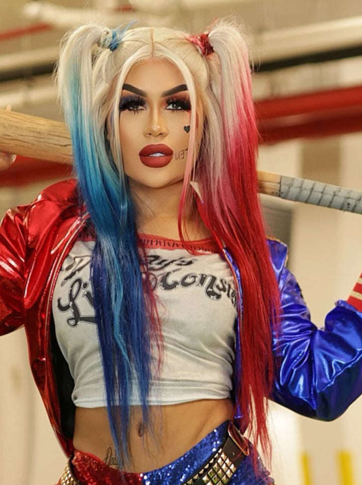 Dorsanee Halloween Cosplay Ombre Blonde Half Blue Half Burgundy Red 13x4 Lace Front Human Hair Wig