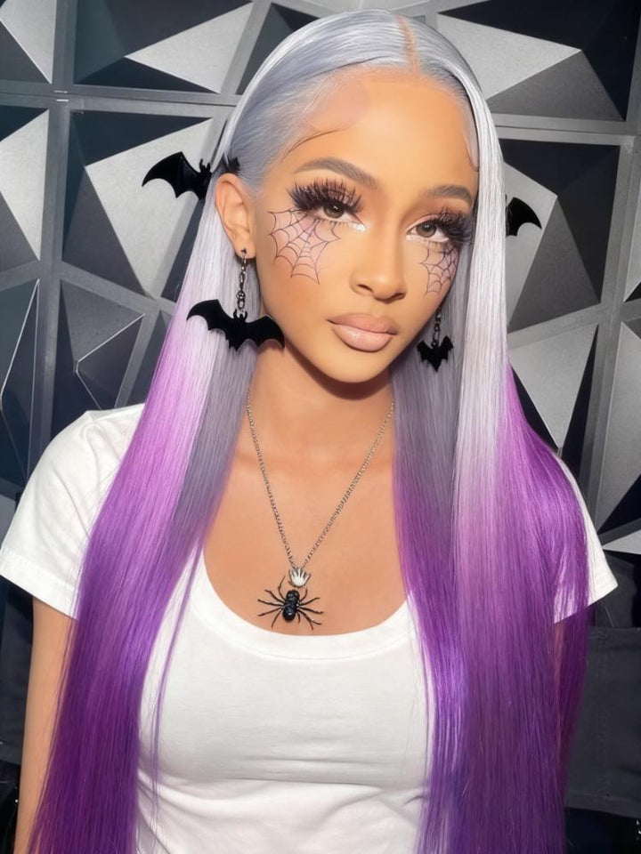 Dorsanee Halloween Cosplay Ombre Gray Purple 13x4 Lace Front Straight Body Wave Human Hair Wigs