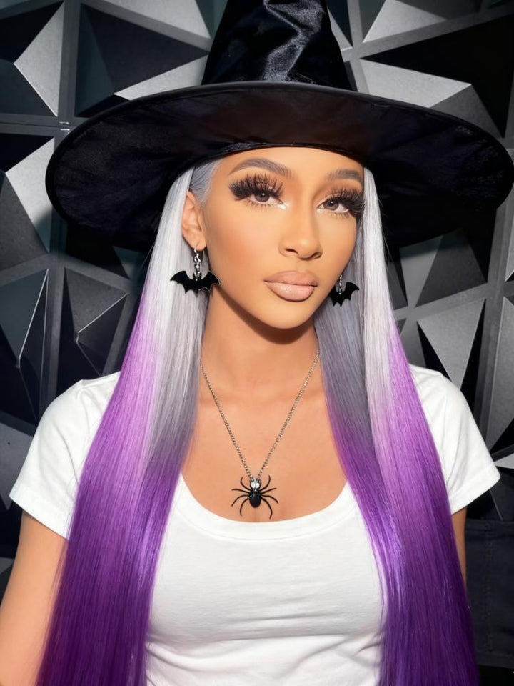 Dorsanee Halloween Cosplay Ombre Gray Purple 13x4 Lace Front Straight Body Wave Human Hair Wigs