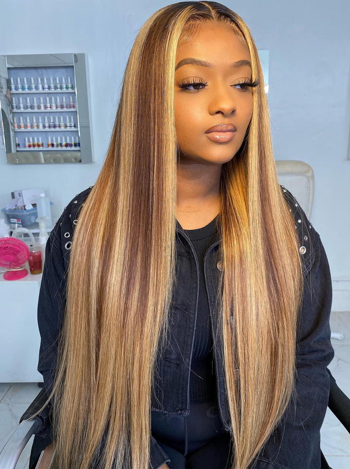 Dorsanee Honey Blonde Highlight Wear & Go Glueless 13x4 Lace Front Straight Human Hair Wigs