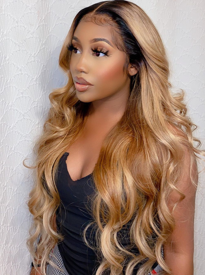 Dorsanee Honey Blonde 13x4 Lace Front Body Wave Hair Wig With Dark Black Roots
