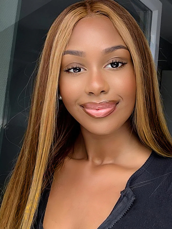 Dorsanee Honey Blonde Brown Highlight 250 Density 13X4 Lace Front Straight Human Hair Wigs