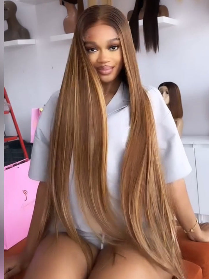 Dorsanee Honey Caramel Brown Blonde Highlights 13x4 Lace Front Human Hair Wigs 200 Density