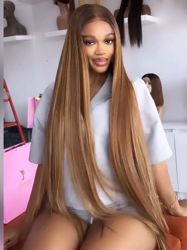 Dorsanee Honey Caramel Brown Blonde Highlights 13x4 Lace Front Human Hair Wigs 200 Density