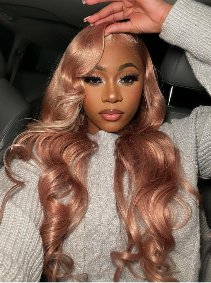 Dorsanee Light Red Pink Blonde Skunk Stripe Highlights Straight Body Wave 13x4 Lace Frontal Human Hair Wig