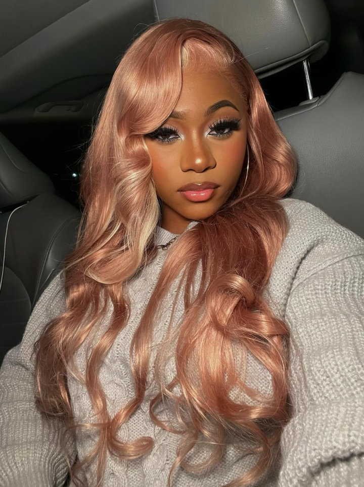 Dorsanee Light Red Pink Blonde Skunk Stripe Highlights Straight Body Wave 13x4 Lace Frontal Human Hair Wig