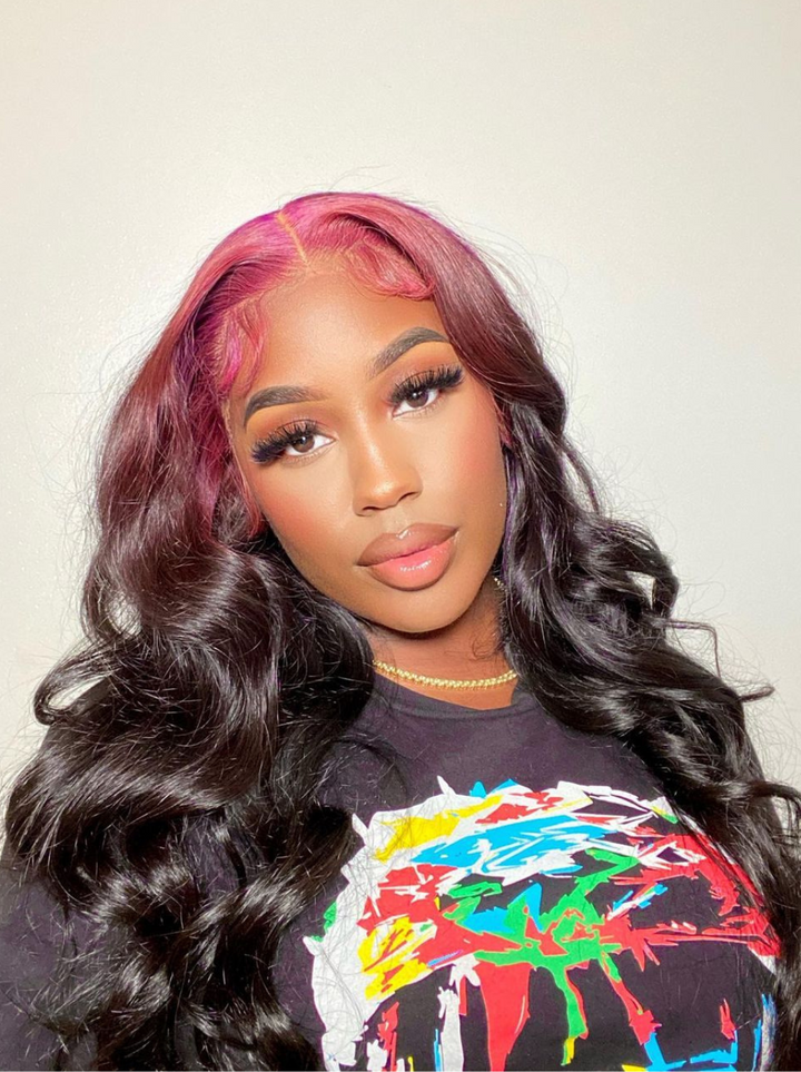 Dorsanee Natural Black Loose Wave Wig With Ombre Purple Roots 13x4 HD Lace Front Human Hair Wigs