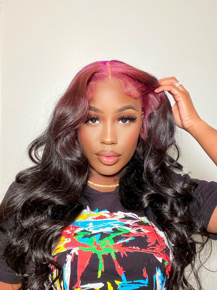 Dorsanee Natural Black Loose Wave Wig With Ombre Purple Roots 13x4 HD Lace Front Human Hair Wigs