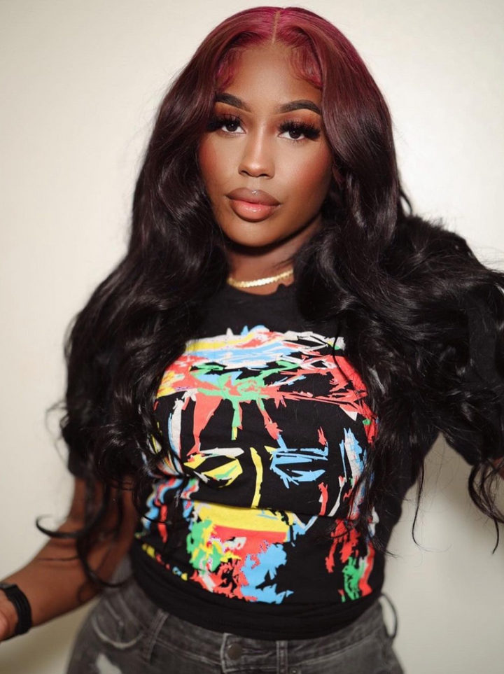 Dorsanee Natural Black Loose Wave Wig With Ombre Purple Roots 13x4 HD Lace Front Human Hair Wigs