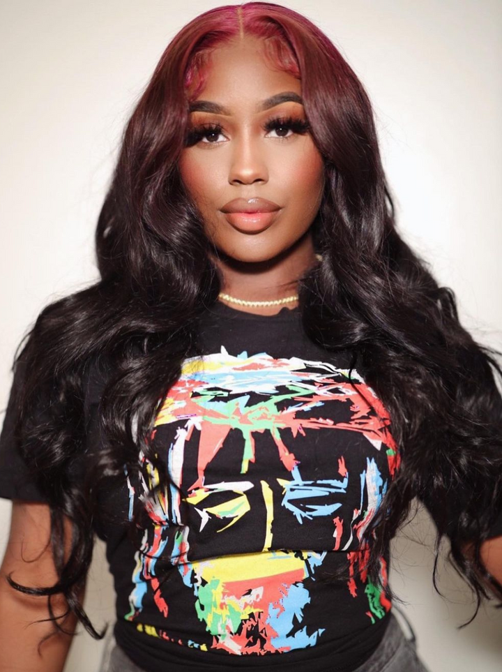 Dorsanee Natural Black Loose Wave Wig With Ombre Purple Roots 13x4 HD Lace Front Human Hair Wigs
