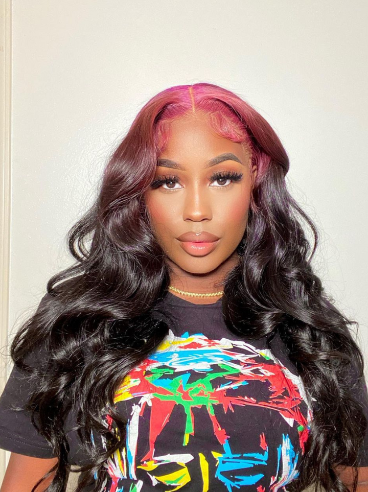 Dorsanee Natural Black Loose Wave Wig With Ombre Purple Roots 13x4 HD Lace Front Human Hair Wigs