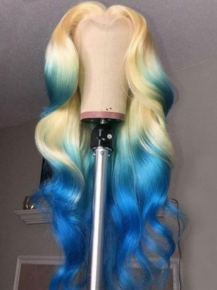 Dorsanee Ombre 613 Blonde Blue Colored 13x4 Lace Front Virgin Human Hair Wig 200 Density