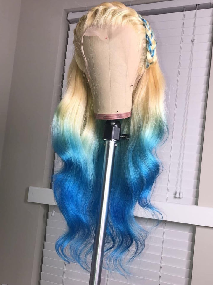 Dorsanee Ombre 613 Blonde Blue Colored 13x4 Lace Front Virgin Human Hair Wig 200 Density
