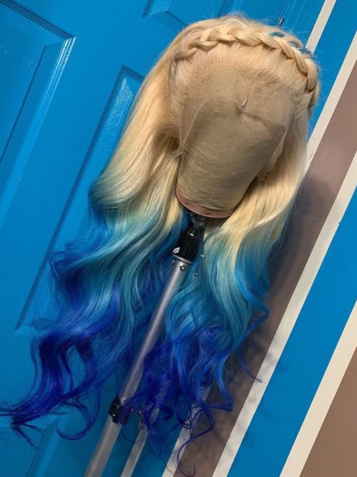 Dorsanee Ombre 613 Blonde Blue Colored 13x4 Lace Front Virgin Human Hair Wig 200 Density