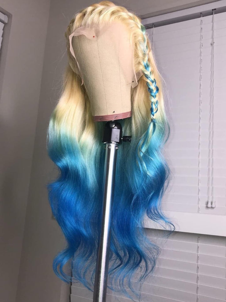 Dorsanee Ombre 613 Blonde Blue Colored 13x4 Lace Front Virgin Human Hair Wig 200 Density