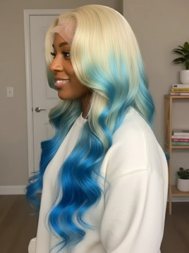 Dorsanee Ombre 613 Blonde Blue Colored 13x4 Lace Front Virgin Human Hair Wig 200 Density