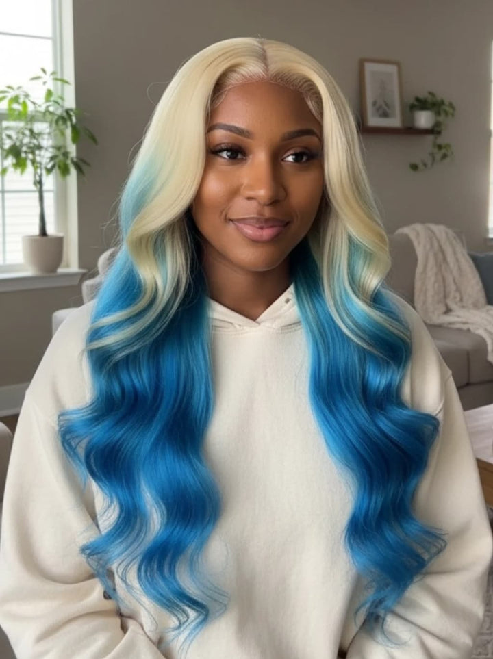 Dorsanee Ombre 613 Blonde Blue Colored 13x4 Lace Front Virgin Human Hair Wig 200 Density