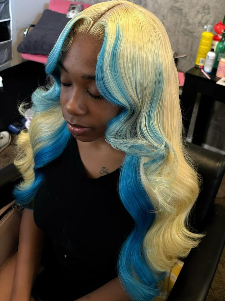 Dorsanee Ombre Blonde Blue Skunk Stripe 13x4 Lace Front Human Hair Wigs 200 Density