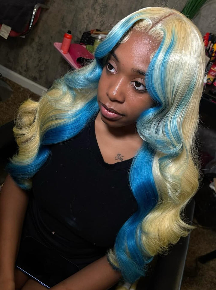 Dorsanee Ombre Blonde Blue Skunk Stripe 13x4 Lace Front Human Hair Wigs 200 Density