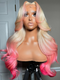 Dorsanee Ombre Blonde Pink Wig With Pink Skunk Stripe 13x4 Lace Front Human Hair Wigs