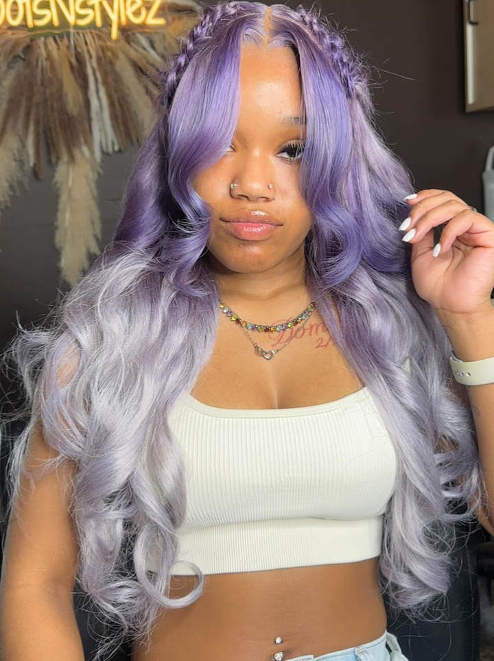 Dorsanee Ombre Bluish Purple Ash Gray 200 Density 13x4 Lace Front Human Hair Wigs