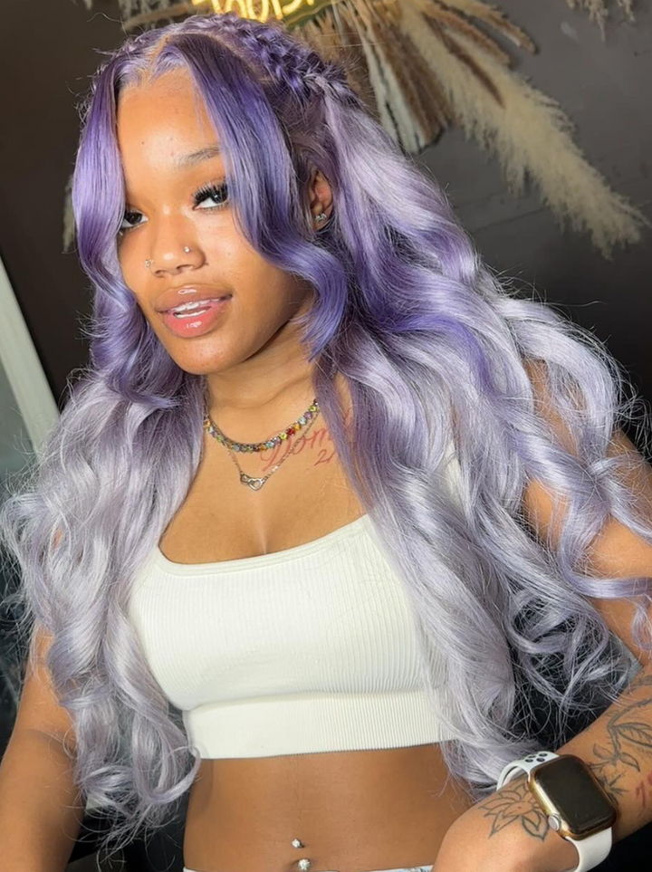 Dorsanee Ombre Bluish Purple Ash Gray 200 Density 13x4 Lace Front Human Hair Wigs