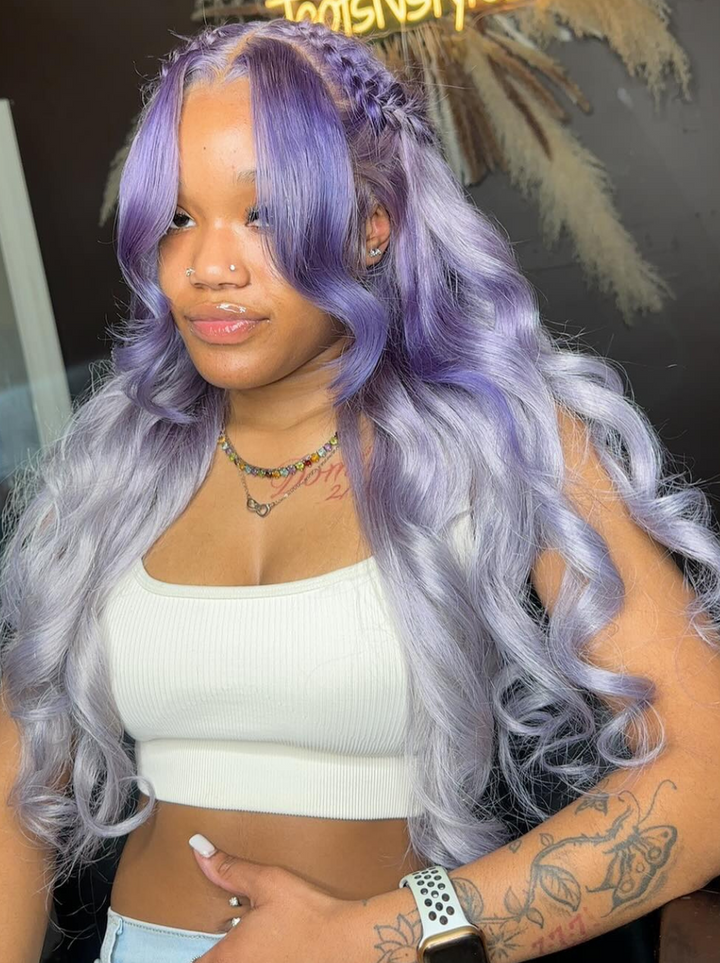 Dorsanee Ombre Bluish Purple Ash Gray 200 Density 13x4 Lace Front Human Hair Wigs