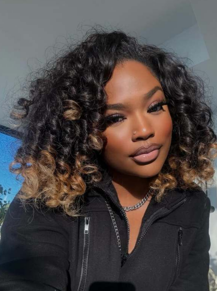 Dorsanee Ombre Brown Bohemian Loose Curls Short Bob 13x4 4x4 Human Hair Wigs