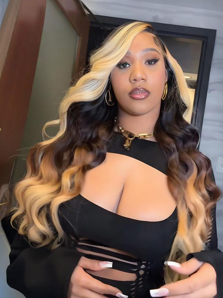 Dorsanee Ombre Brown Honey Blonde Skunk Stripe 13x4 Lace Front Human Hair Wigs