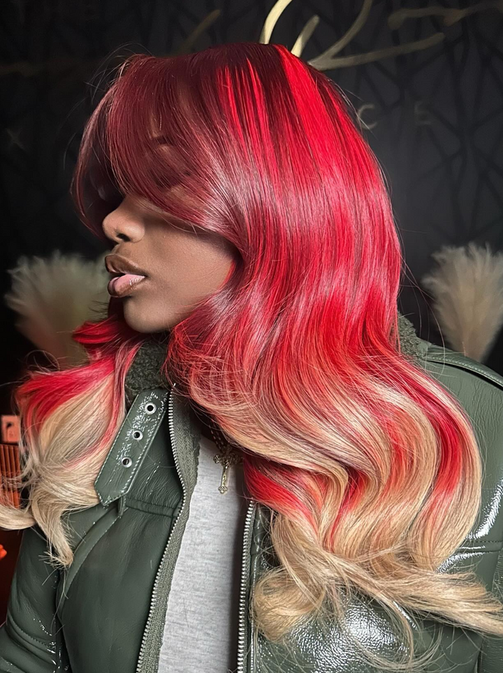Dorsanee Ombre Chocolate Brown Platinum Blonde With Red Streak Highlights 13x4 Lace Front Human Hair Wigs