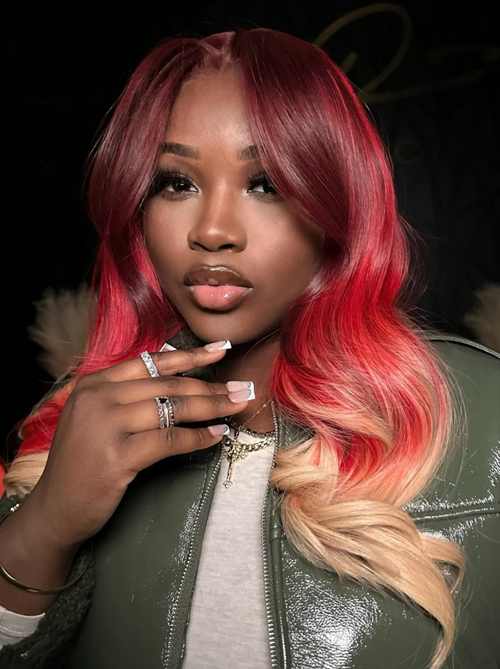 Dorsanee Ombre Chocolate Brown Platinum Blonde With Red Streak Highlights 13x4 Lace Front Human Hair Wigs