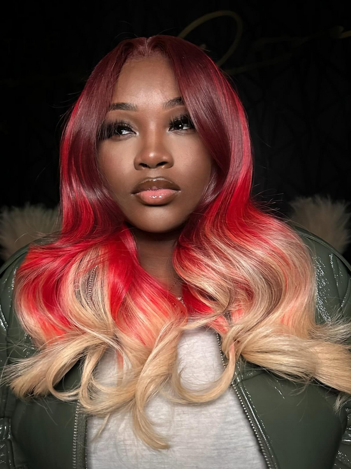Dorsanee Ombre Chocolate Brown Platinum Blonde With Red Streak Highlights 13x4 Lace Front Human Hair Wigs