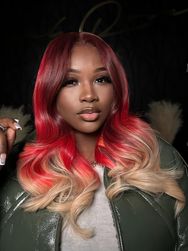 Dorsanee Ombre Chocolate Brown Platinum Blonde With Red Streak Highlights 13x4 Lace Front Human Hair Wigs
