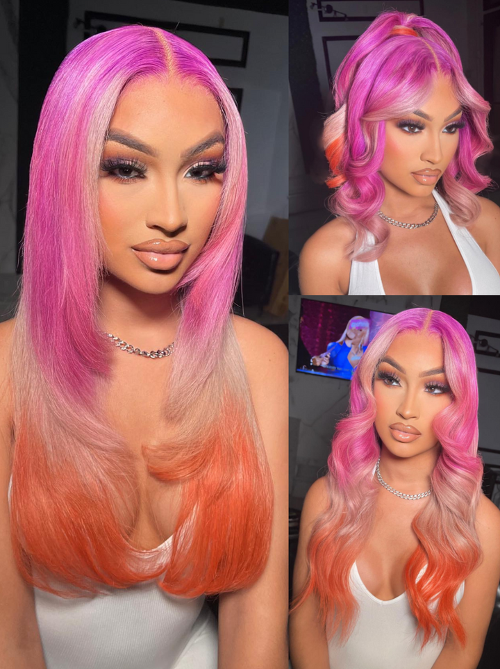 Dorsanee Ombre Lavender Blonde Orange Wig 200 Density 13x4 Lace Front Body Wave Human Hair Wigs