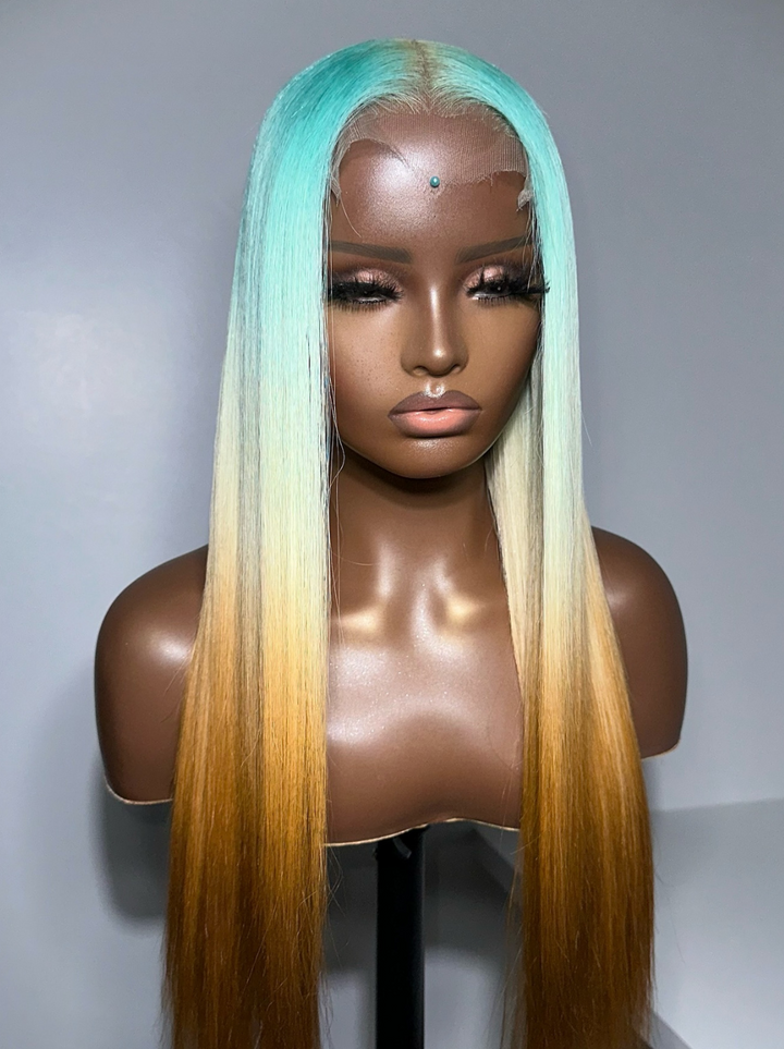 Dorsanee Ombre Pastel Green Blonde Brown Color Wig 200 Density 13x4 Lace Front Human Hair Wigs