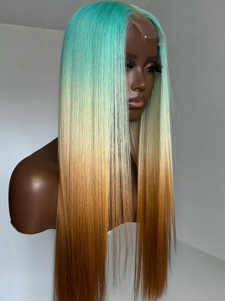 Dorsanee Ombre Pastel Green Blonde Brown Color Wig 200 Density 13x4 Lace Front Human Hair Wigs