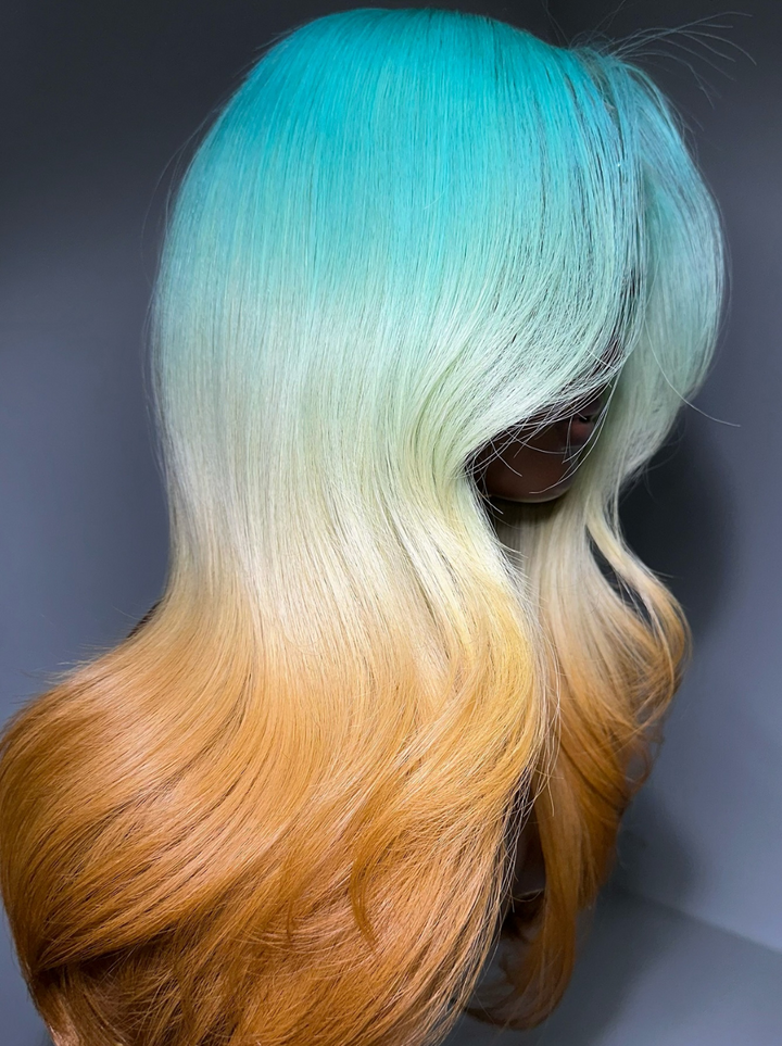 Dorsanee Ombre Pastel Green Blonde Brown Color Wig 200 Density 13x4 Lace Front Human Hair Wigs