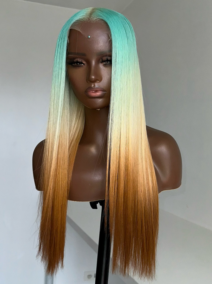 Dorsanee Ombre Pastel Green Blonde Brown Color Wig 200 Density 13x4 Lace Front Human Hair Wigs