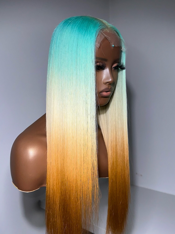 Dorsanee Ombre Pastel Green Blonde Brown Color Wig 200 Density 13x4 Lace Front Human Hair Wigs