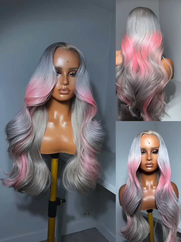 Dorsanee Ombre Gray Pink Straight Body Wave HD Lace Front Virgin Human Hair Wig