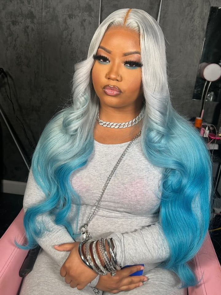 Dorsanee Ombre Silver Gray Blue 13x4 Lace Front Virgin Human Hair Wigs 200 Density