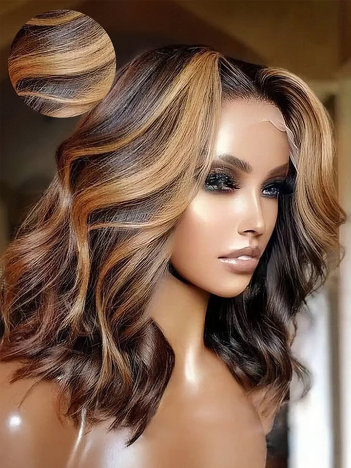 Dorsanee P4/27 Brown Highlight Short Bob Wig Body Wave 13x4 Lace Frontal Human Hair Wig