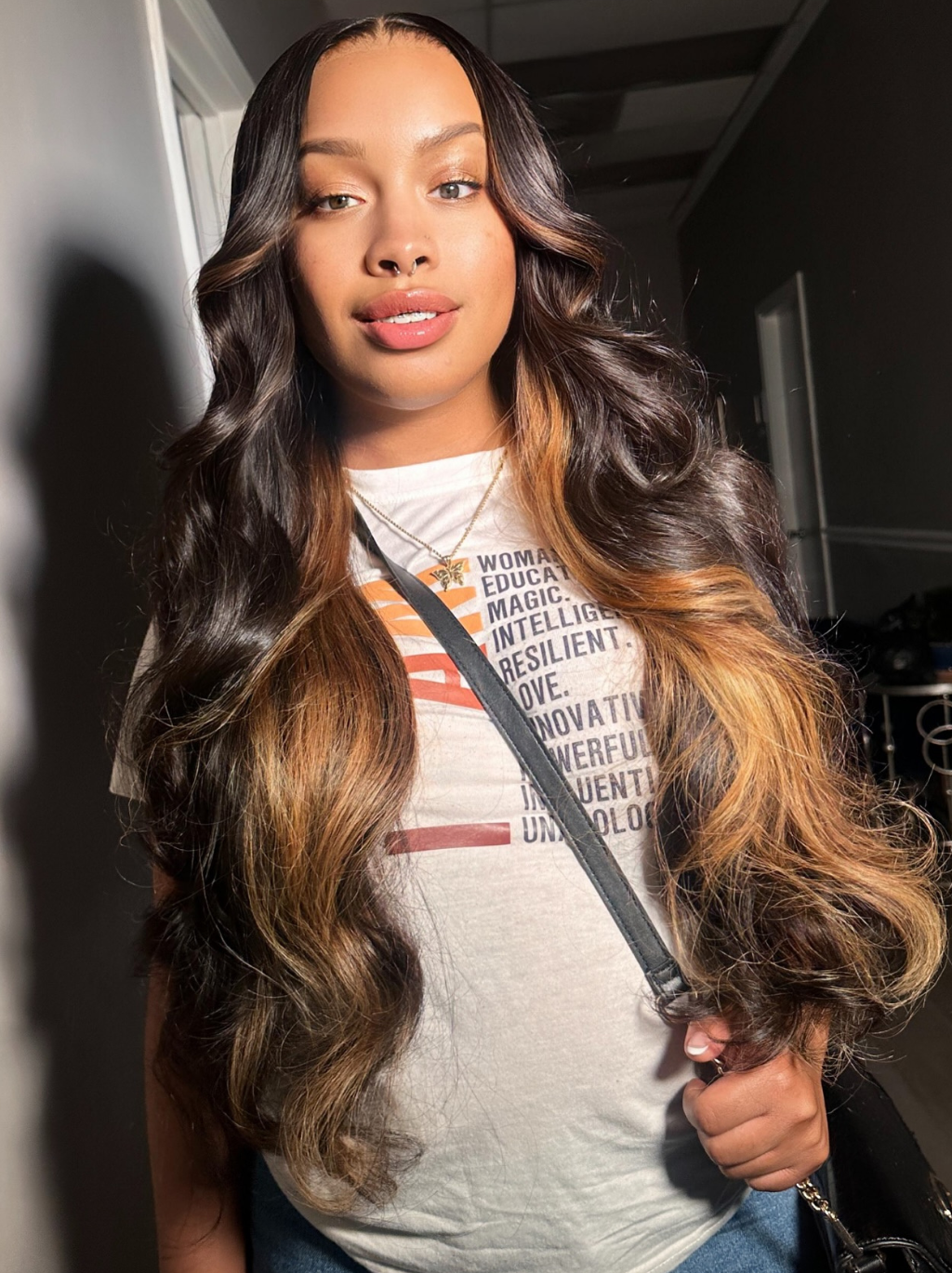 Dorsanee Peekaboo Black Wig With Brown Streak Highlights 200 Density 13x4 Lace Front Body Wave Human Hair Wigs