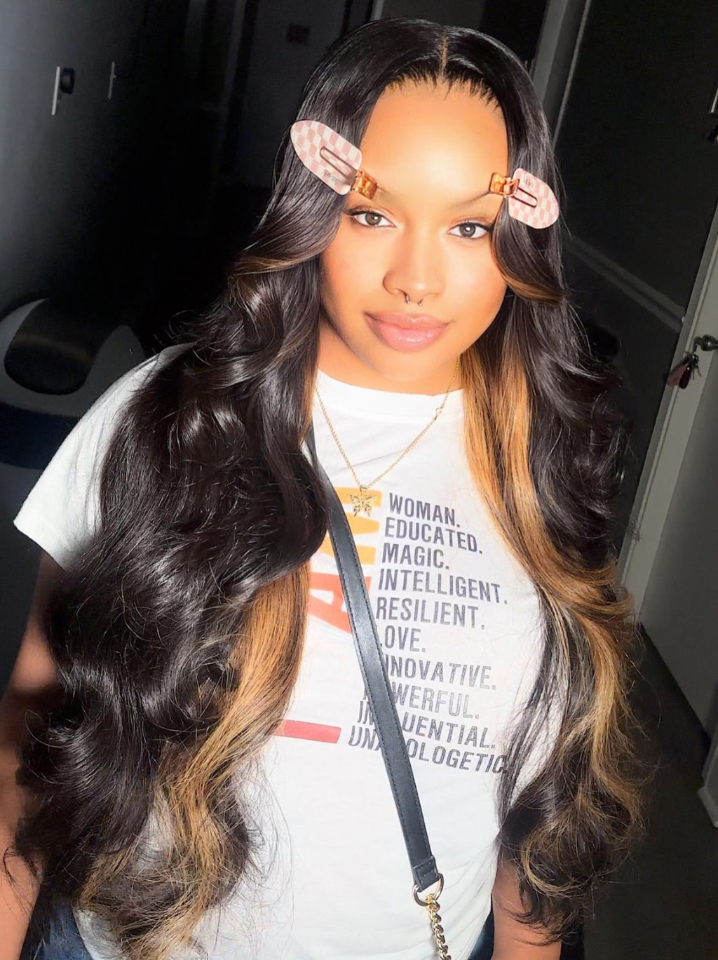Dorsanee Peekaboo Black Wig With Brown Streak Highlights 200 Density 13x4 Lace Front Body Wave Human Hair Wigs