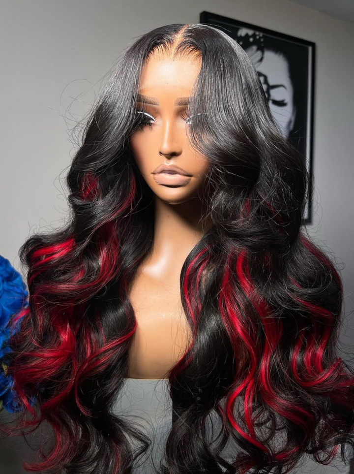 Dorsanee Peekaboo Black Wig With Blonde 99J Red Highlight Streaks 200 Density 13x4 Lace Front Body Wave Hair Wigs