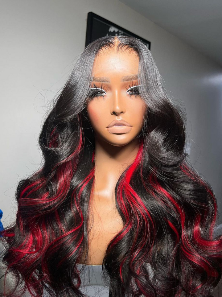 Dorsanee Peekaboo Black Wig With Blonde 99J Red Highlight Streaks 200 Density 13x4 Lace Front Body Wave Hair Wigs