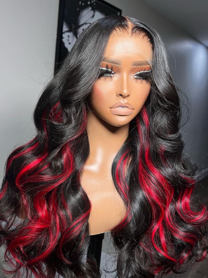 Dorsanee Peekaboo Black Wig With Blonde 99J Red Highlight Streaks 200 Density 13x4 Lace Front Body Wave Hair Wigs