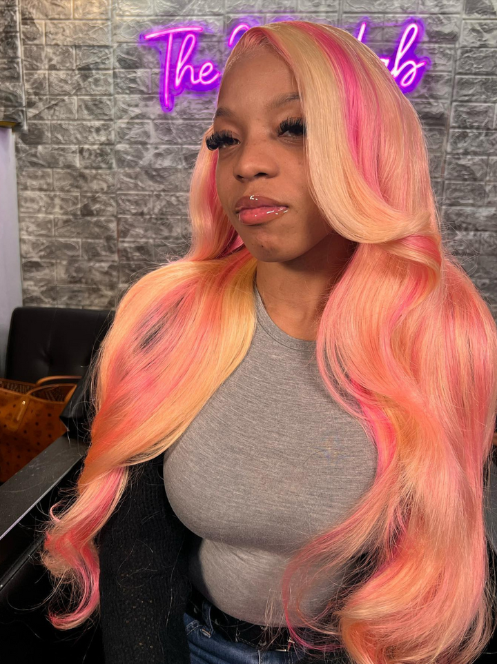 Dorsanee Black Friday Blonde With Pink Highlight Streaks 13x4 Lace Front Body Wave Hair Wigs