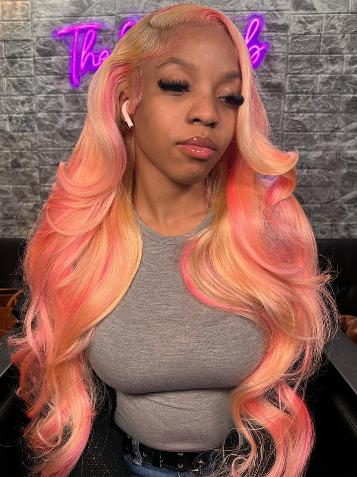Dorsanee Black Friday Blonde With Pink Highlight Streaks 13x4 Lace Front Body Wave Hair Wigs